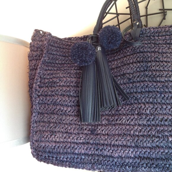 Loeffler Randall Blue Purple Ombre Straw Travel Tote Bag w/ Tassels - Picture 4 of 16